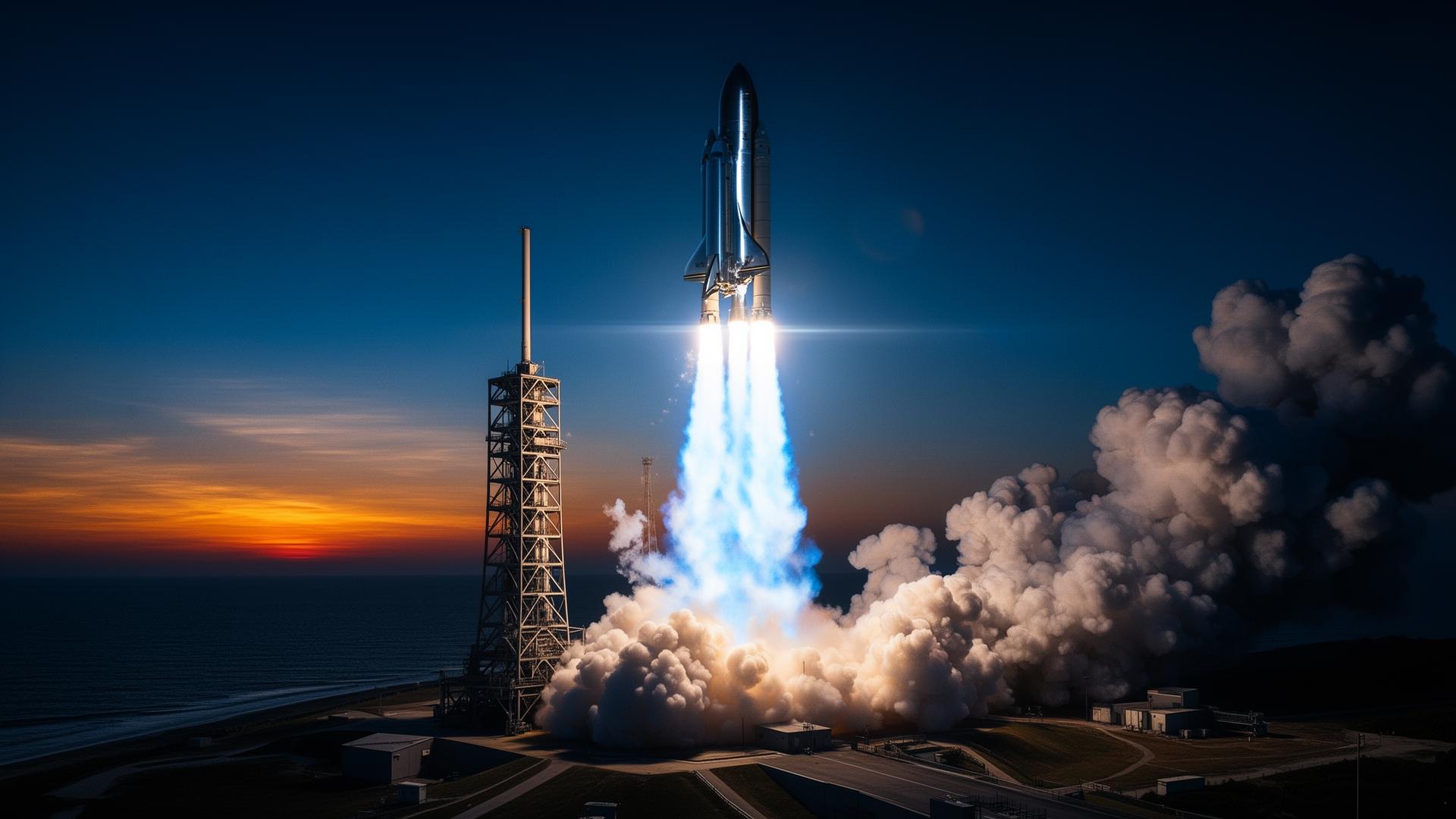 Rocket launch at twilight