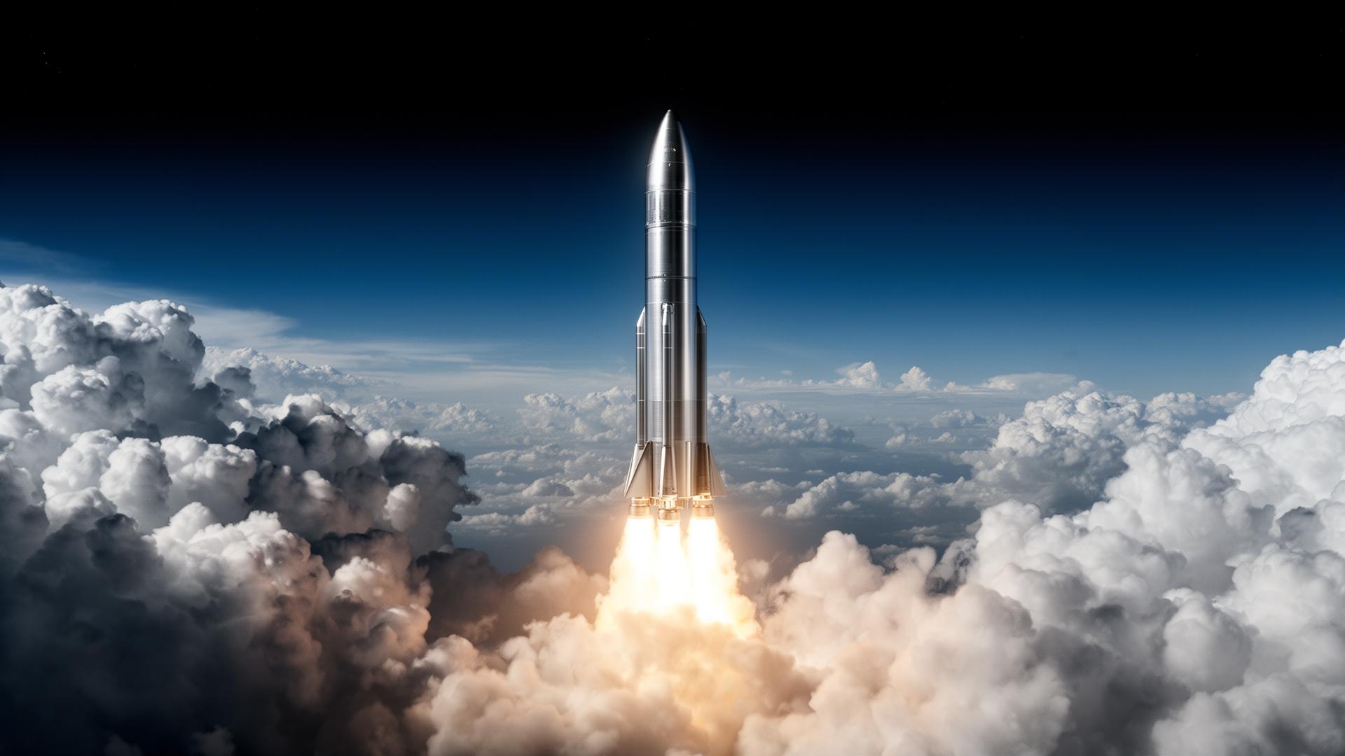 Rocket ascending through clouds